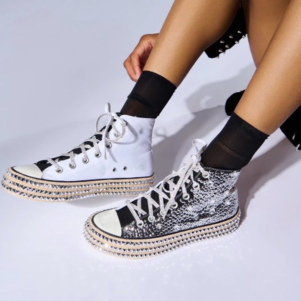 BEAST FASHION Two-Tone Rhinestone High-Top Sneakers - White & Black